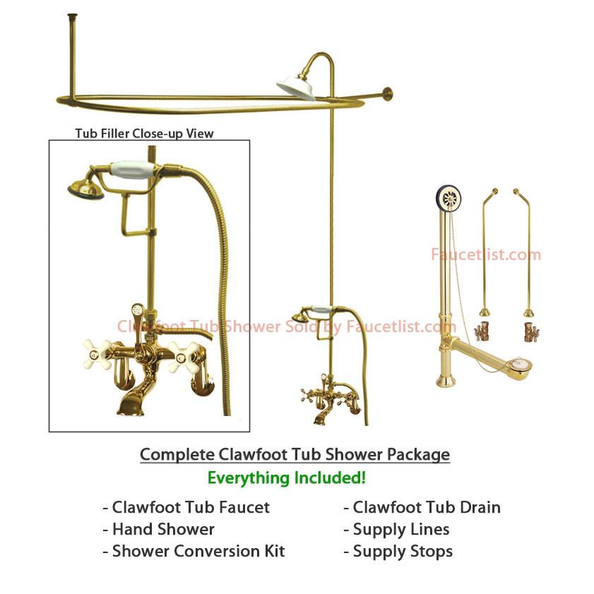 Polished Brass Clawfoot Tub Faucet Shower Kit With Enclosure