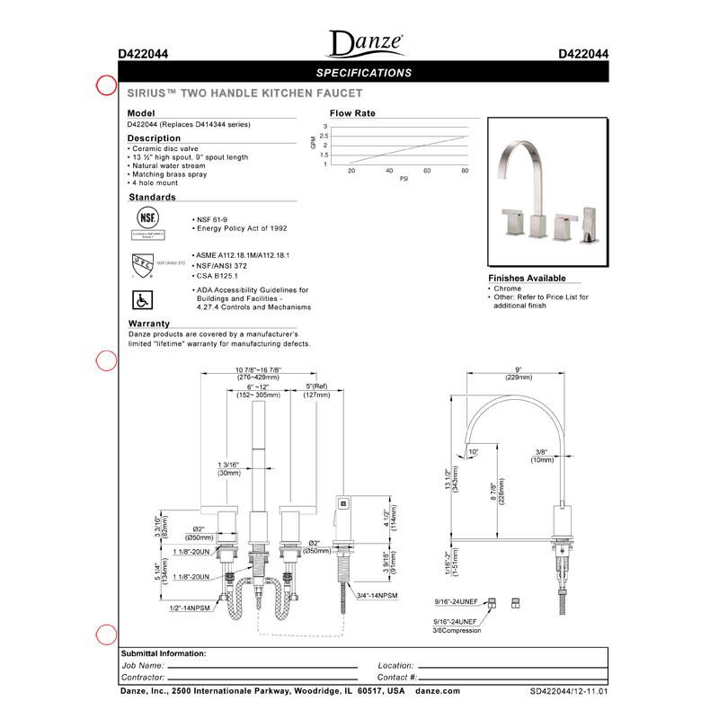 Danze Sirius Chrome 2 Handle Widespread Kitchen Faucet With