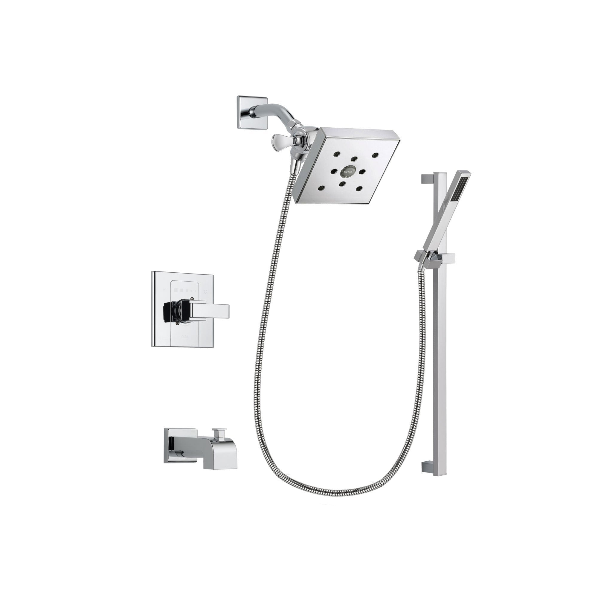 Delta Arzo Chrome Finish Tub And Shower Faucet System Package With Square Shower Head And Modern Square Wall Mount Slide Bar With Handheld Shower