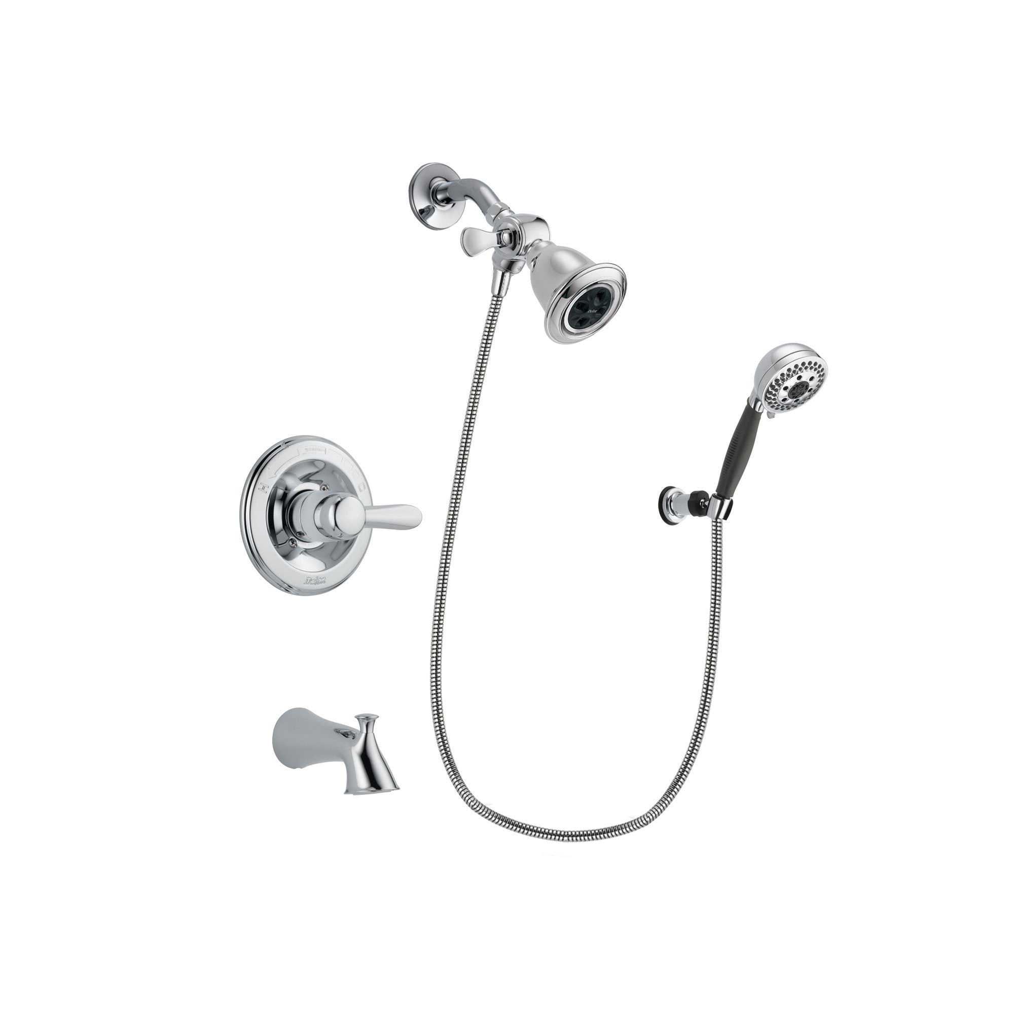 Delta Lahara Chrome Finish Tub And Shower Faucet System Package With Water Efficient Showerhead And 5 Spray Modern Handheld Shower With Wall Bracket