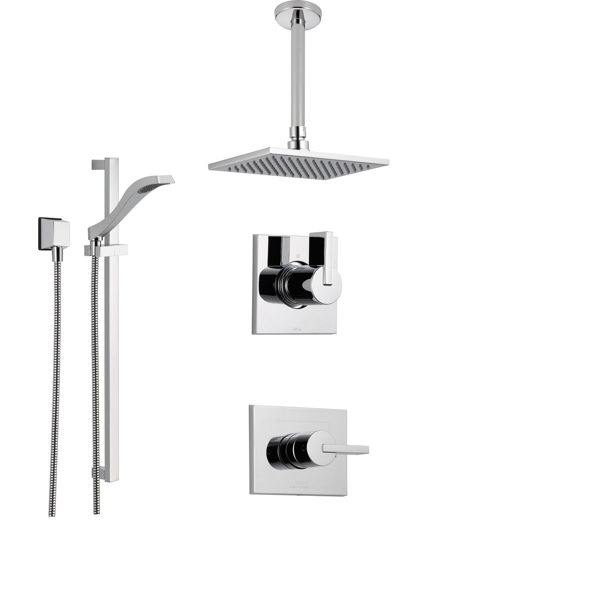 Delta Vero Chrome Shower System With Normal Shower Handle 3 Setting Diverter Large Ceiling Mount Rain Showerhead And Handheld Shower Ss145383