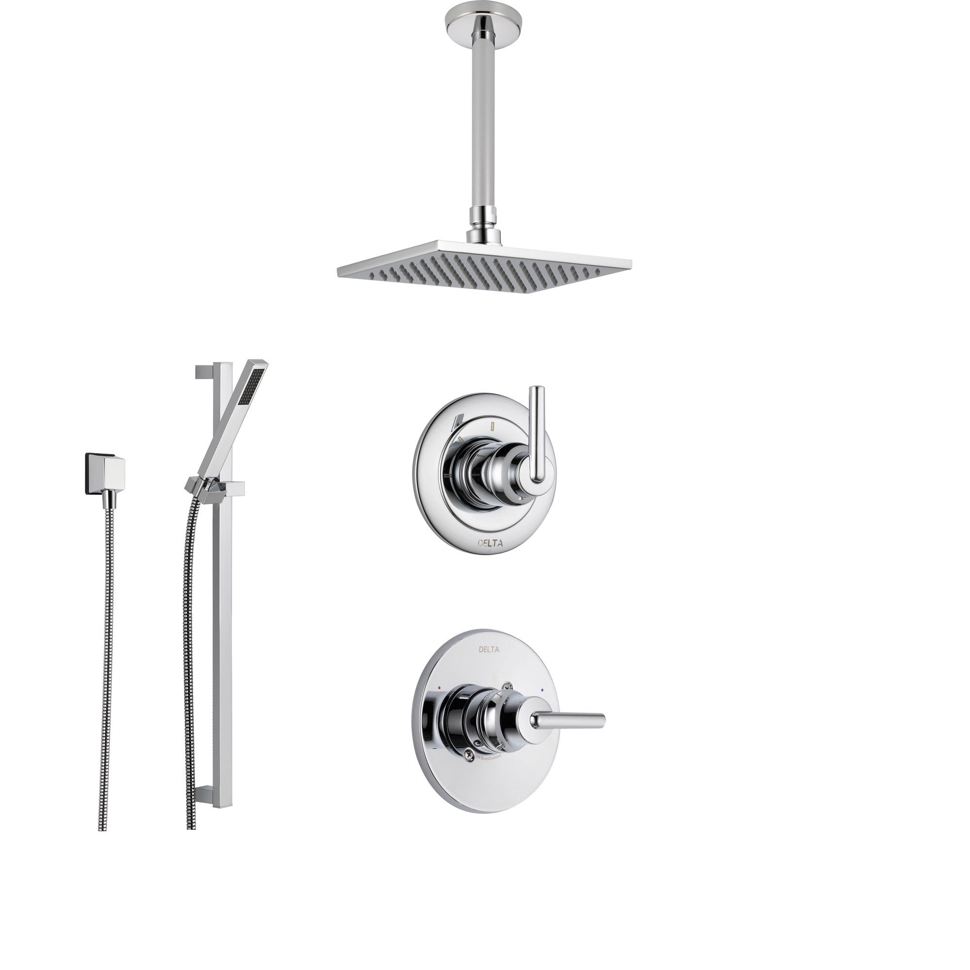 Delta Trinsic Chrome Shower System With Normal Shower Handle 3 Setting Diverter Ceiling Mount Large Rain Showerhead And Handheld Spray Ss145985