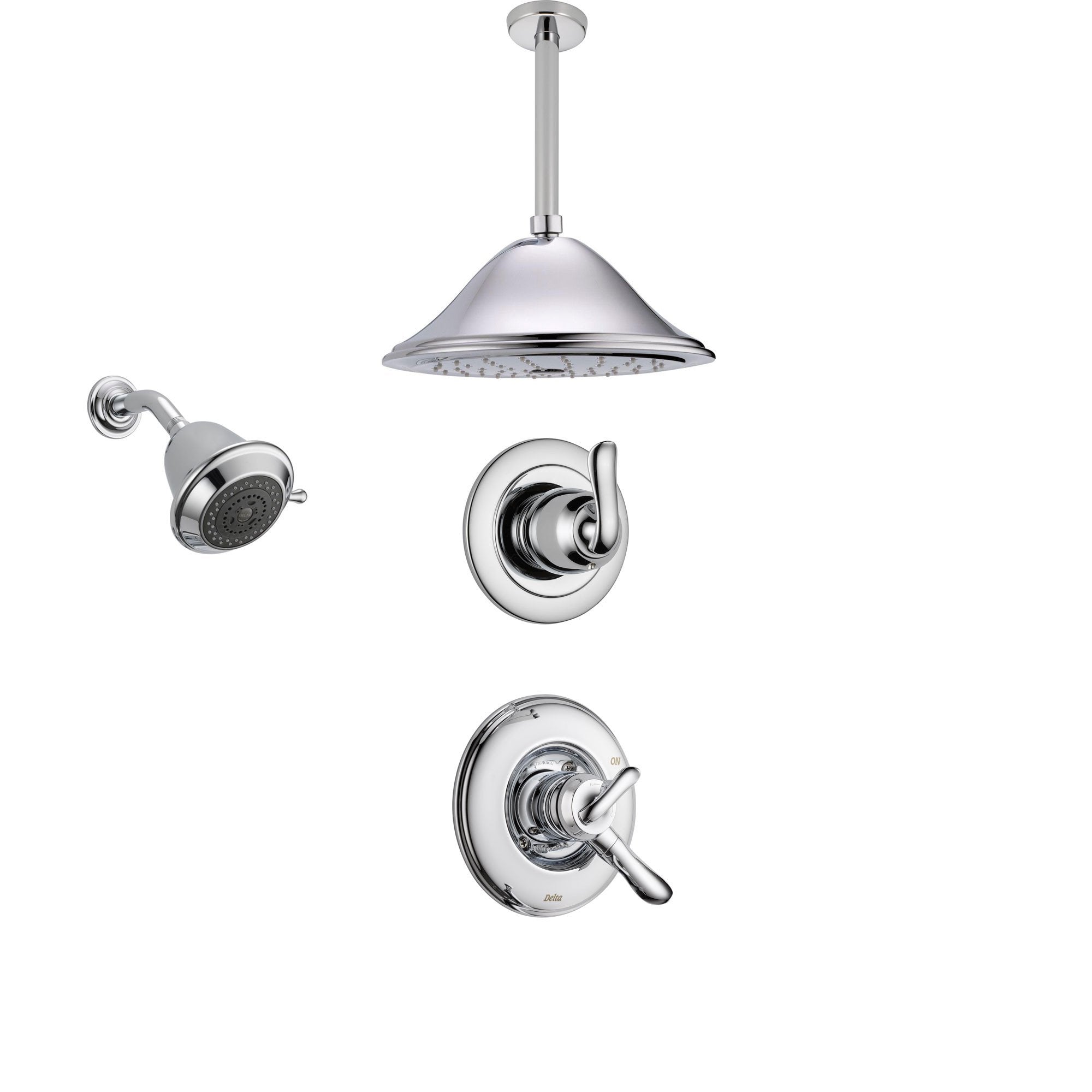 Delta Linden Chrome Shower System With Dual Control Shower Handle 3 Setting Diverter Large Ceiling Mount Rain Shower Head And Wall Mount Showerhead