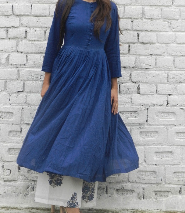 Navy Gathered Kurta With Blue Block Print Pallazo Set – Priya Keswani Label