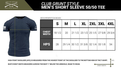 size chart for club grunt style men's subscription t-shirt with 50 cotton 50 polyester blend