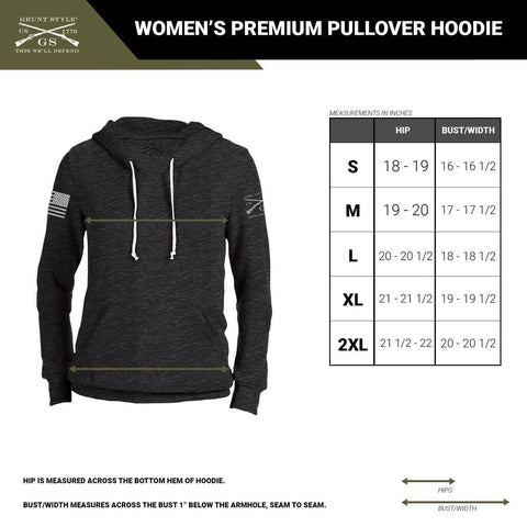 size chart for the women's premium pullover hoodie