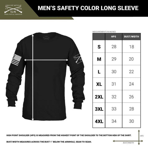 size chart for the unisex long sleeve t-shirt available in bright safety colors