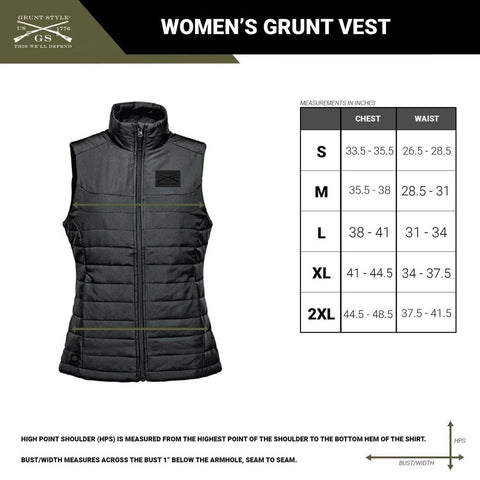 size chart for the women's quilted Grunt Vest