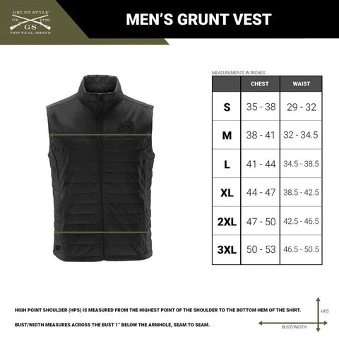 Size chart for the men's quilted Grunt Vest
