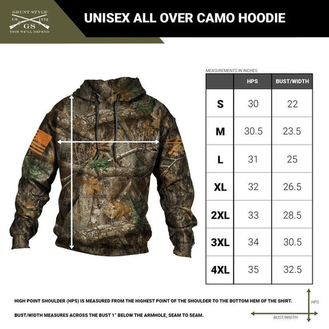 Size chart for a unisex all over camo pullover hoodie