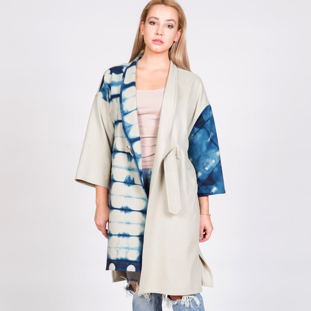 Off-White Wool Coat With Itajime Shibori Front Panel and Sleeve – TJ ...