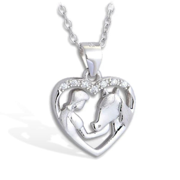 Collier pendentif Coeur Cheval fille - argent massif et zircon