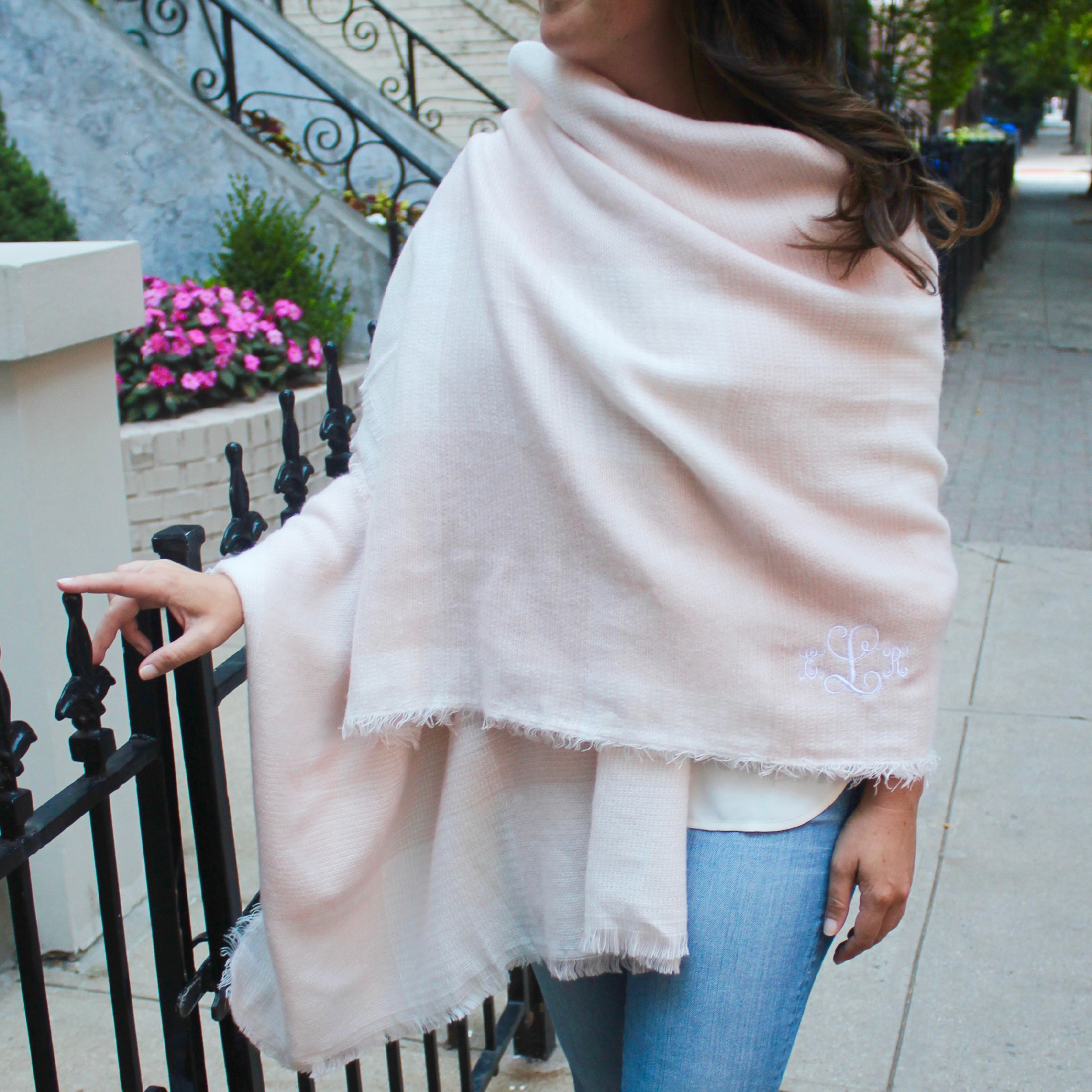 pink and gray blanket scarf