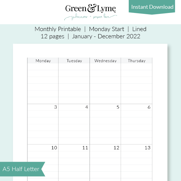 printable a5 half letter lined monthly calendar green and lyme