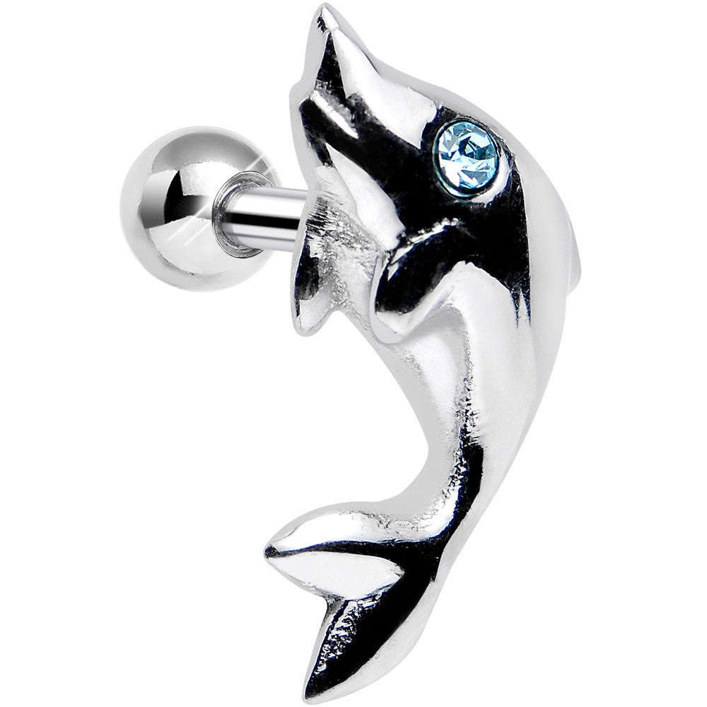 925 Sterling Silver Aqua Gem Joyful Dolphin Tragus Cartilage Earring ...