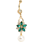 Clear Green Gem Gold Anodized Dazzling Flower Dangle Belly Ring