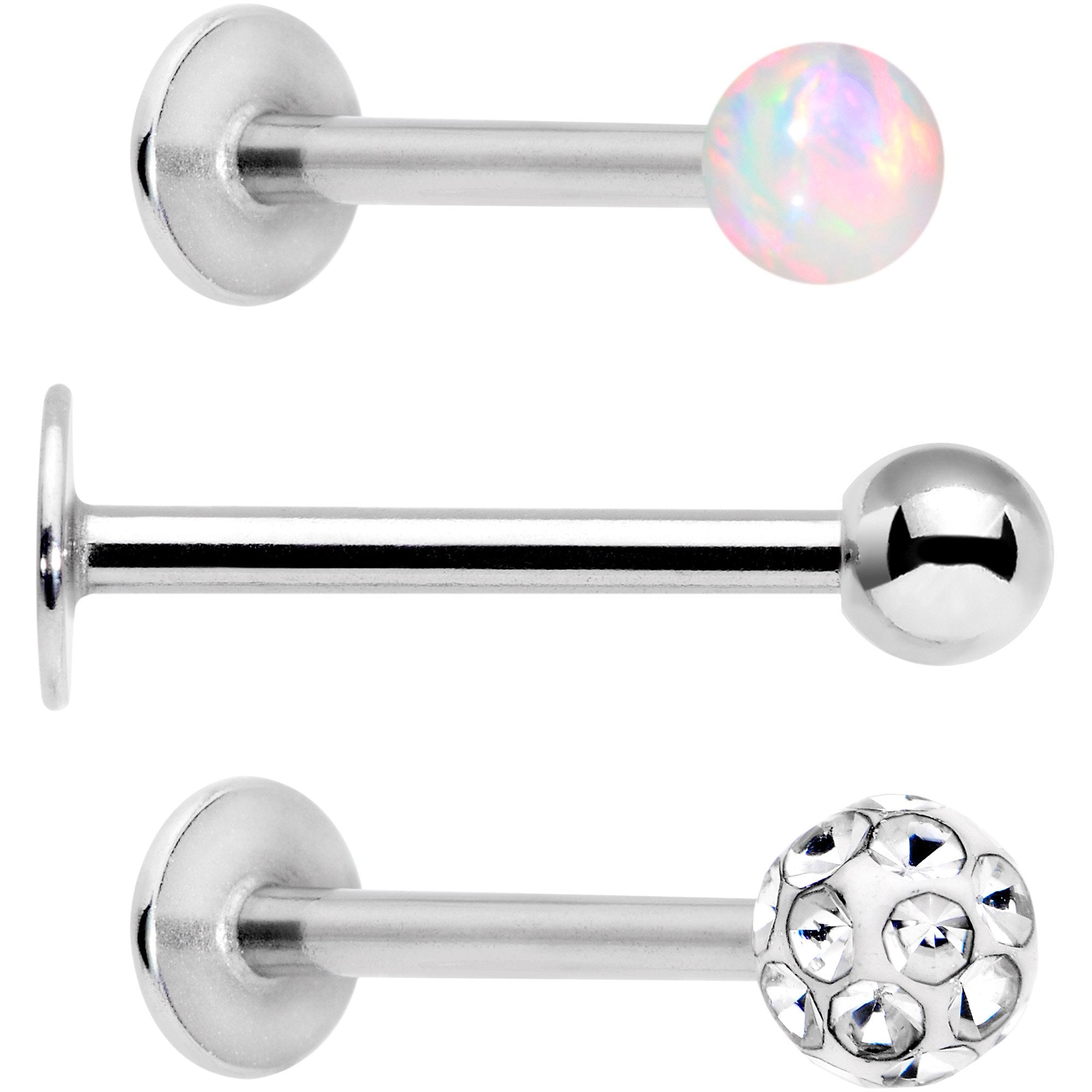 Image of 16 Gauge 3/8 White Faux Opal Ball Labret Monroe Tragus 3 Pack Set