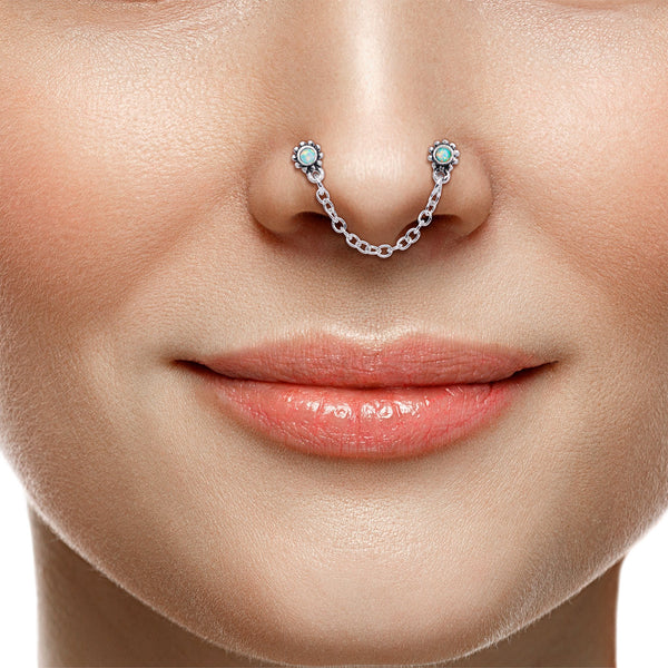 20 Gauge 1 4 White Synthetic Opal Chain Dangle Double Nose Bone – Bodycandy