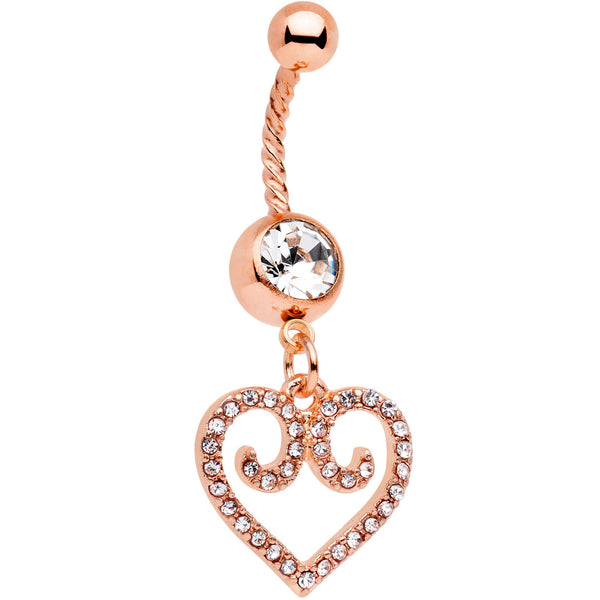 Clear Gem Rose Gold Tone Regal Heart Twisted Dangle Belly Ring