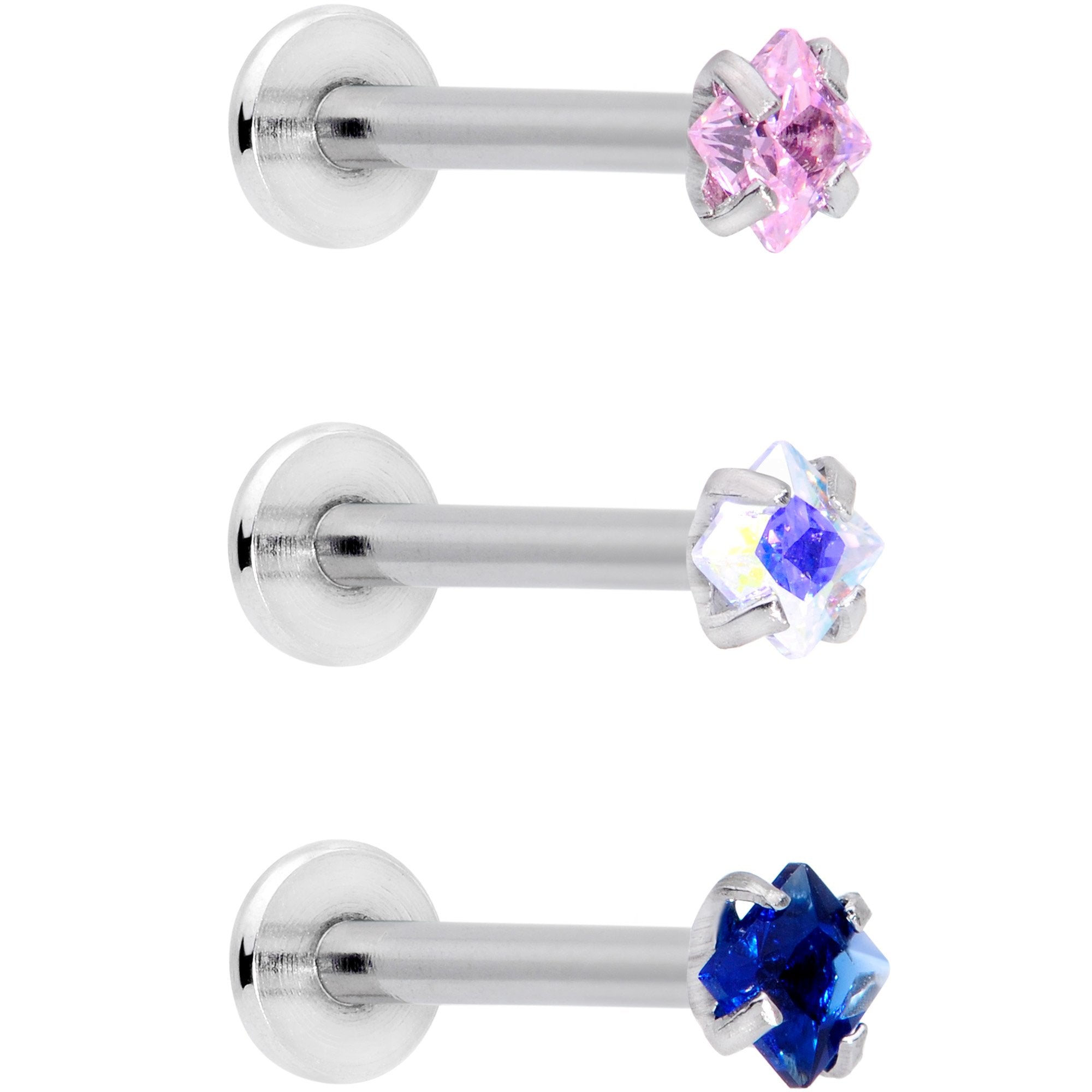 Image of 16 Gauge 3/8 Pink Aurora Blue CZ Gem Labret Tragus Set of 3