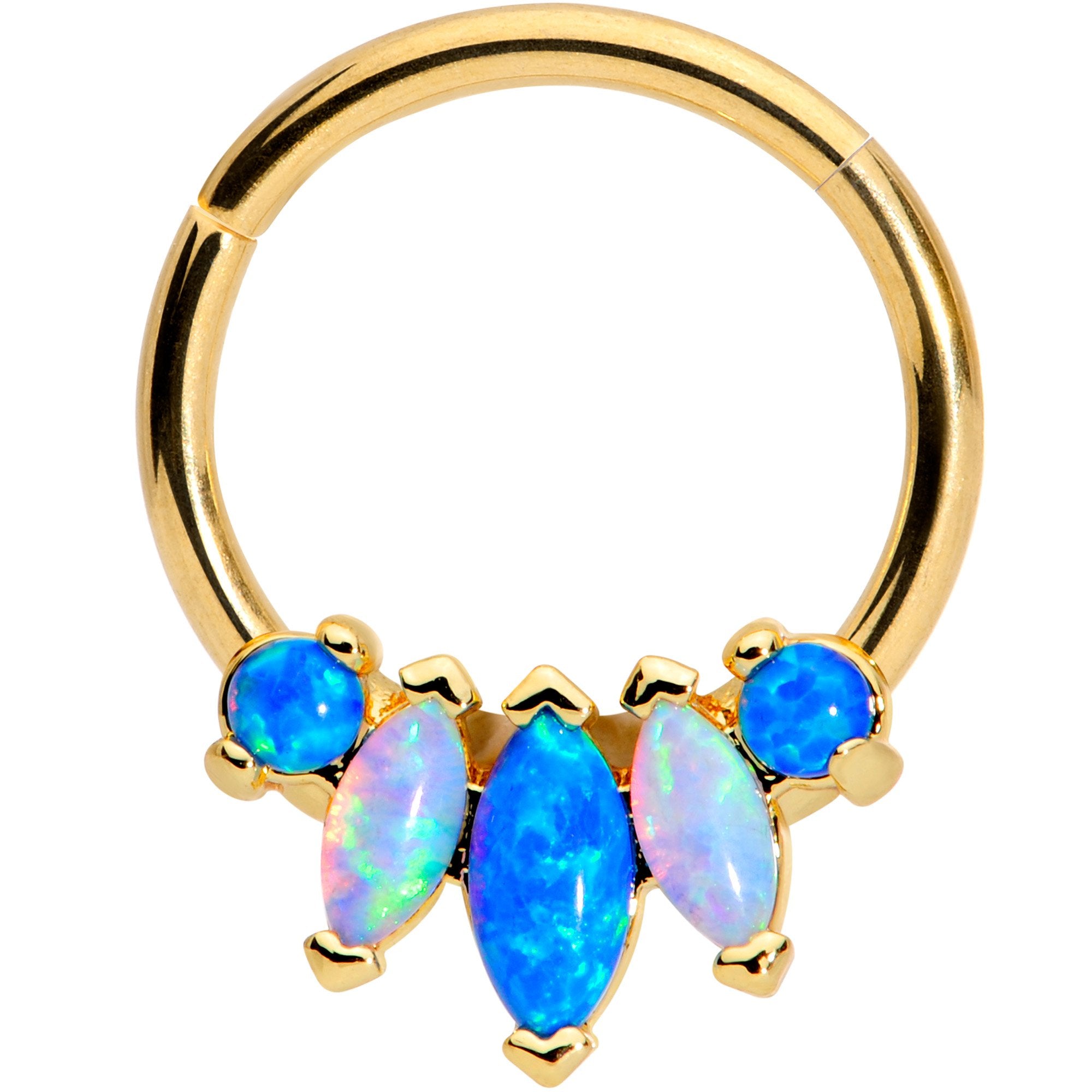 Image of 16 Gauge 3/8 Blue White Synthetic Opal Gold Tone Hinged Segment Ring