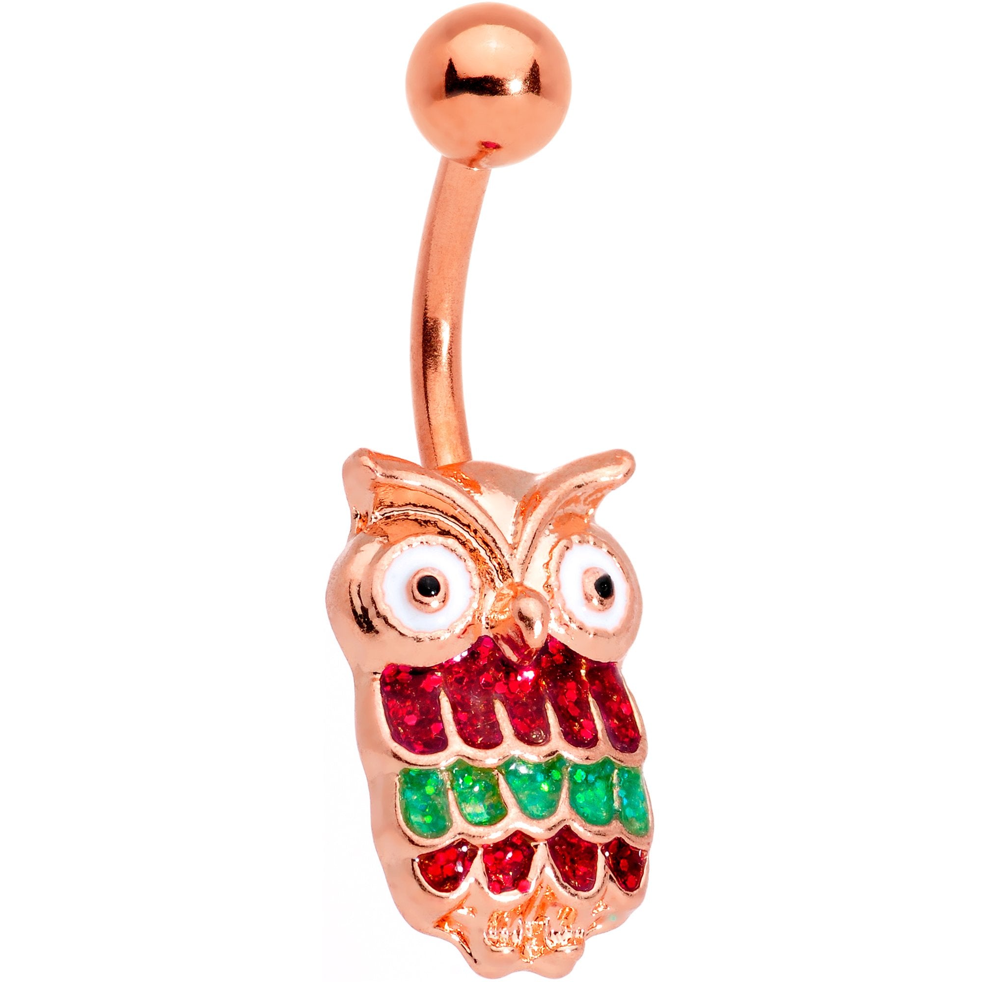 Rose Gold Tone Red Green Happy Holiday Christmas Hoot Owl Belly Ring