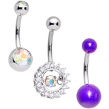 Clear Aurora Gem Purple Pearlescent Fashion Belly Ring Set of 3