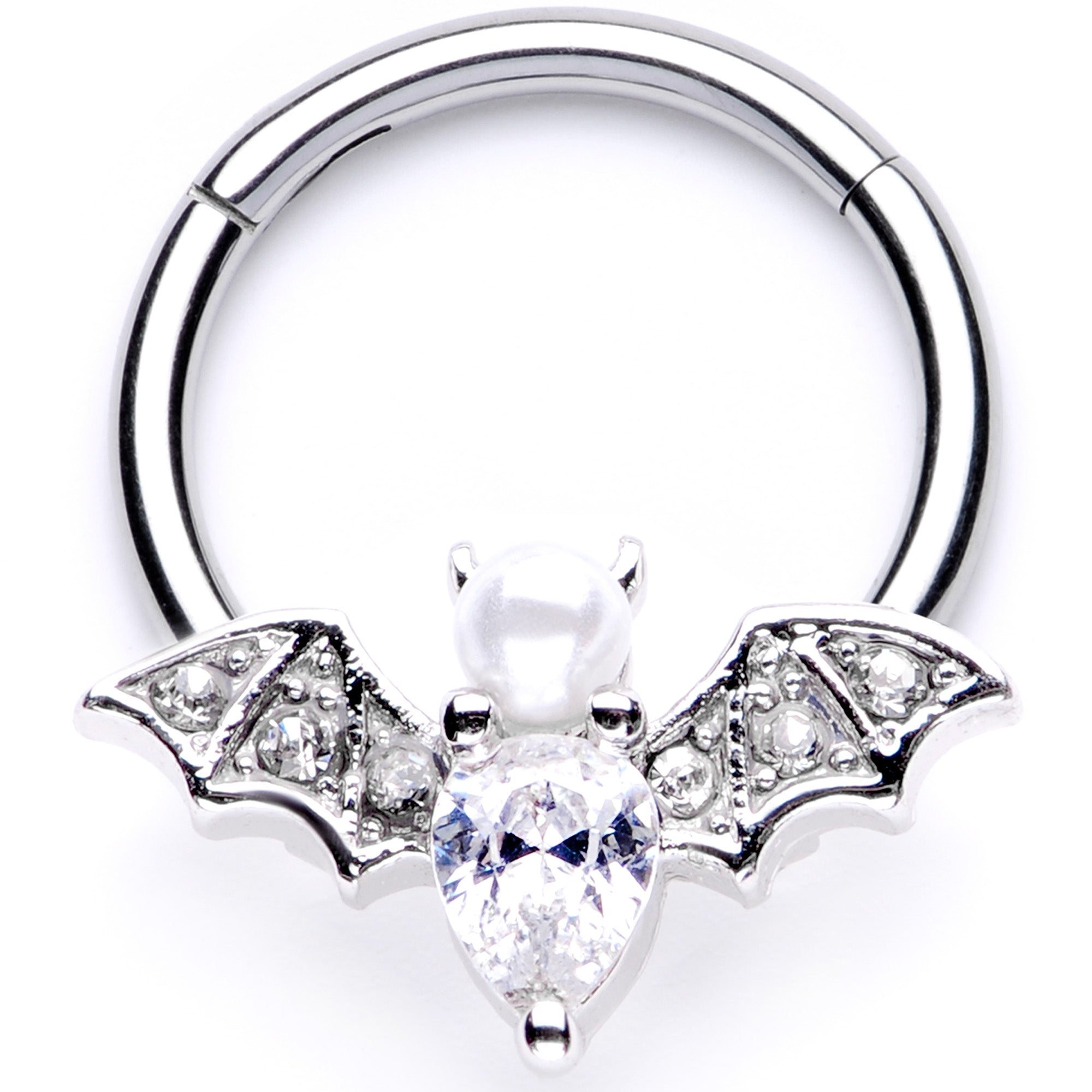 Image of 16 Gauge 3/8 Clear Gem Vampire Bat Halloween Hinged Segment Ring