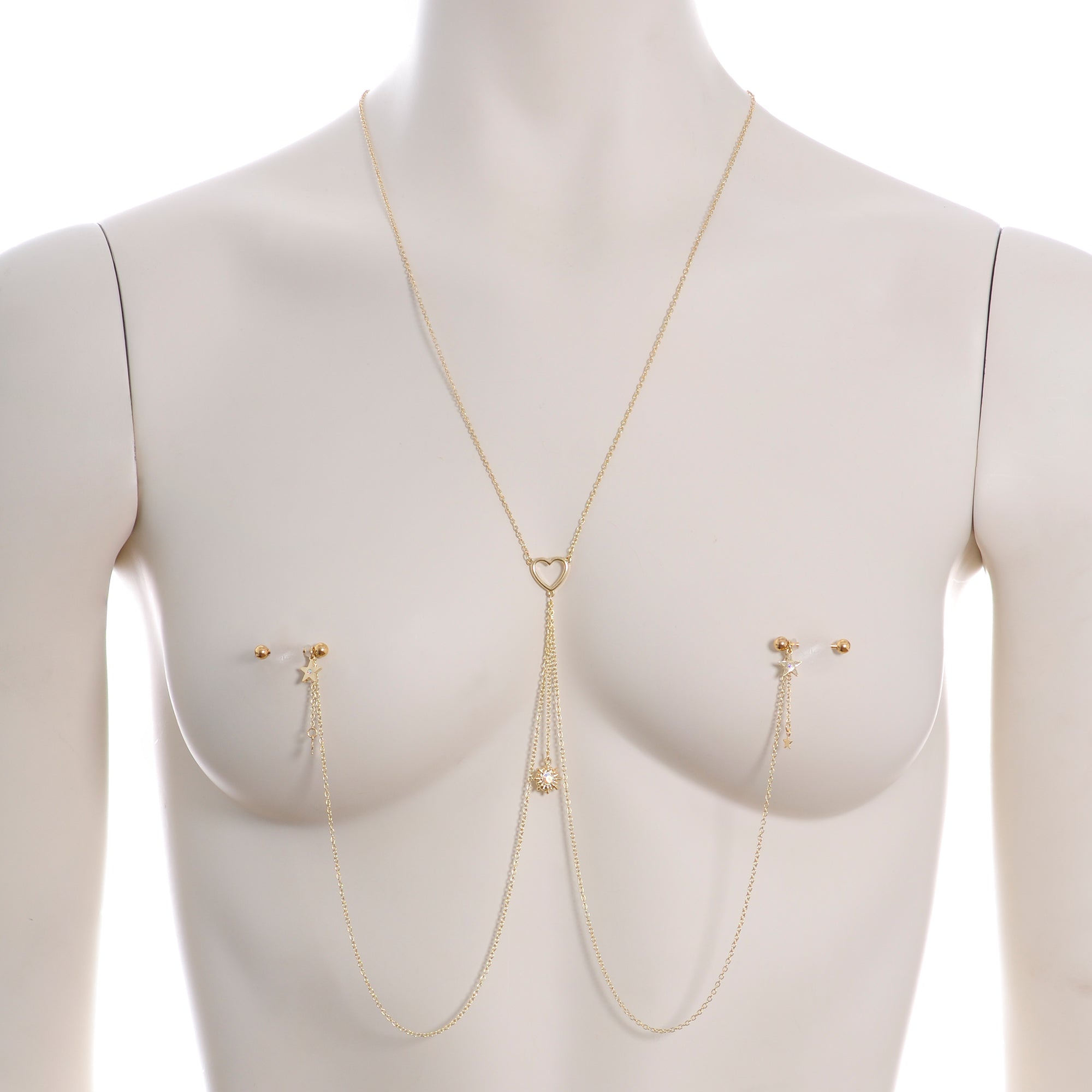 14 Gauge 5/8 Clear Gem Gold Tone Sun Heart Star Nipple Chain Necklace