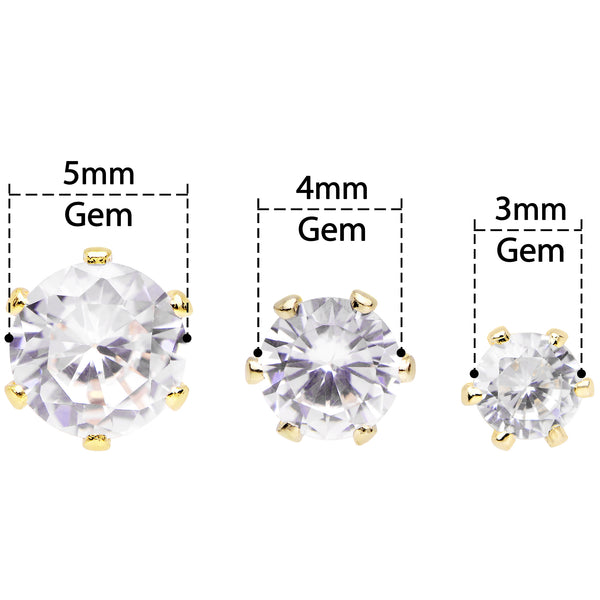 20 Gauge Clear CZ Gem Gold Tone 3mm to 5mm Post Stud Earring Set of 3 ...