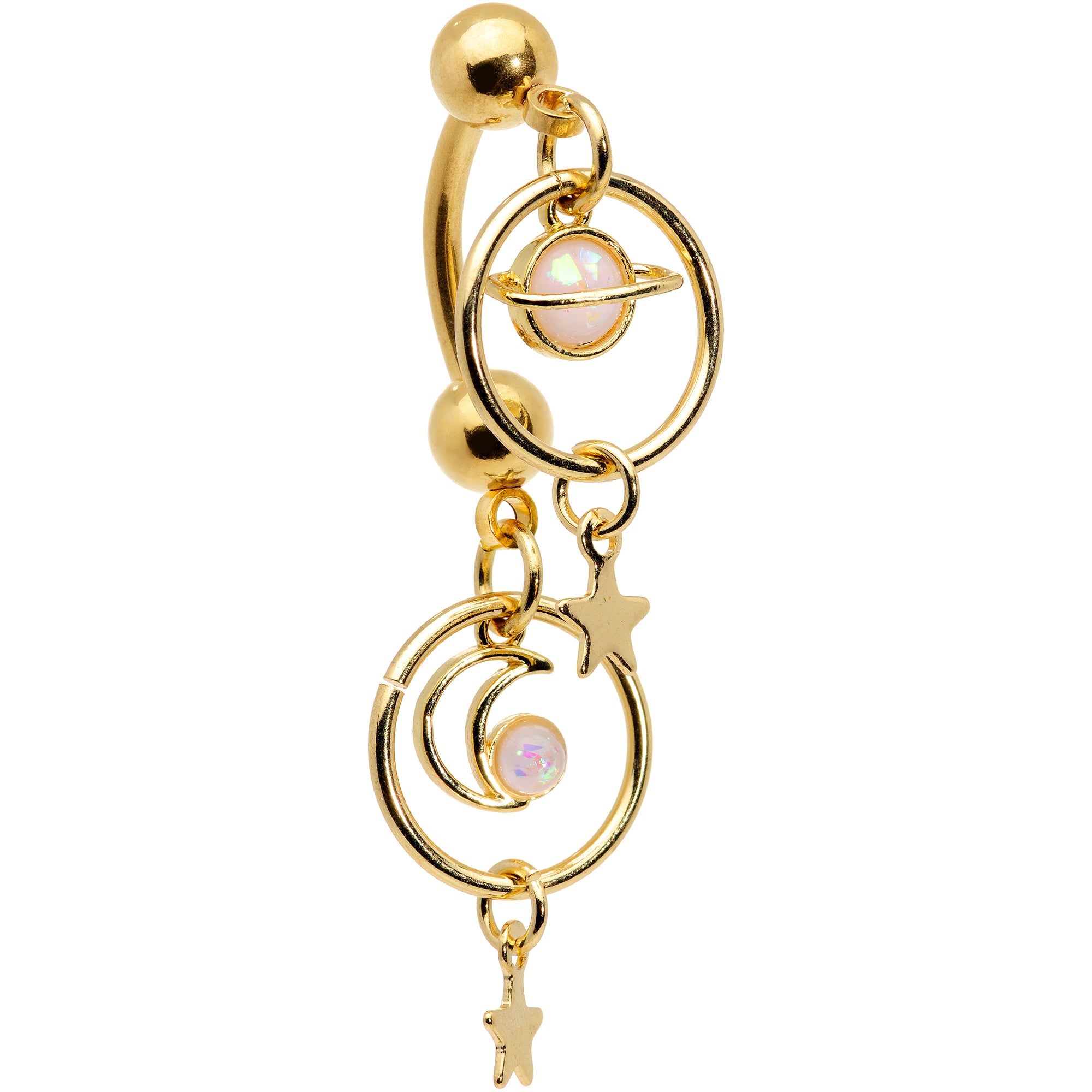 Image of White Synthetic Opal Gold Tone Saturn Moon Double Mount Belly Ring