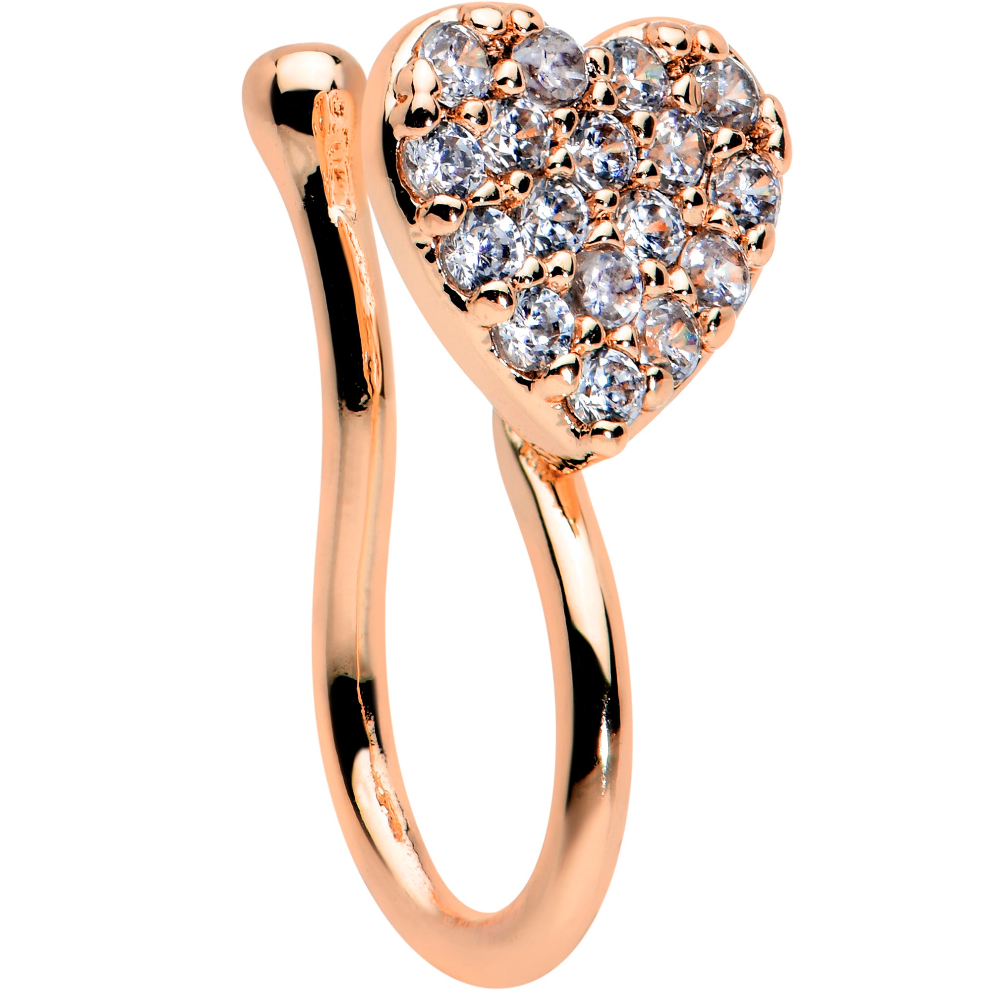 Image of Clear CZ Gem Rose Gold Tone Paved Heart Valentines Clip On Nose Ring