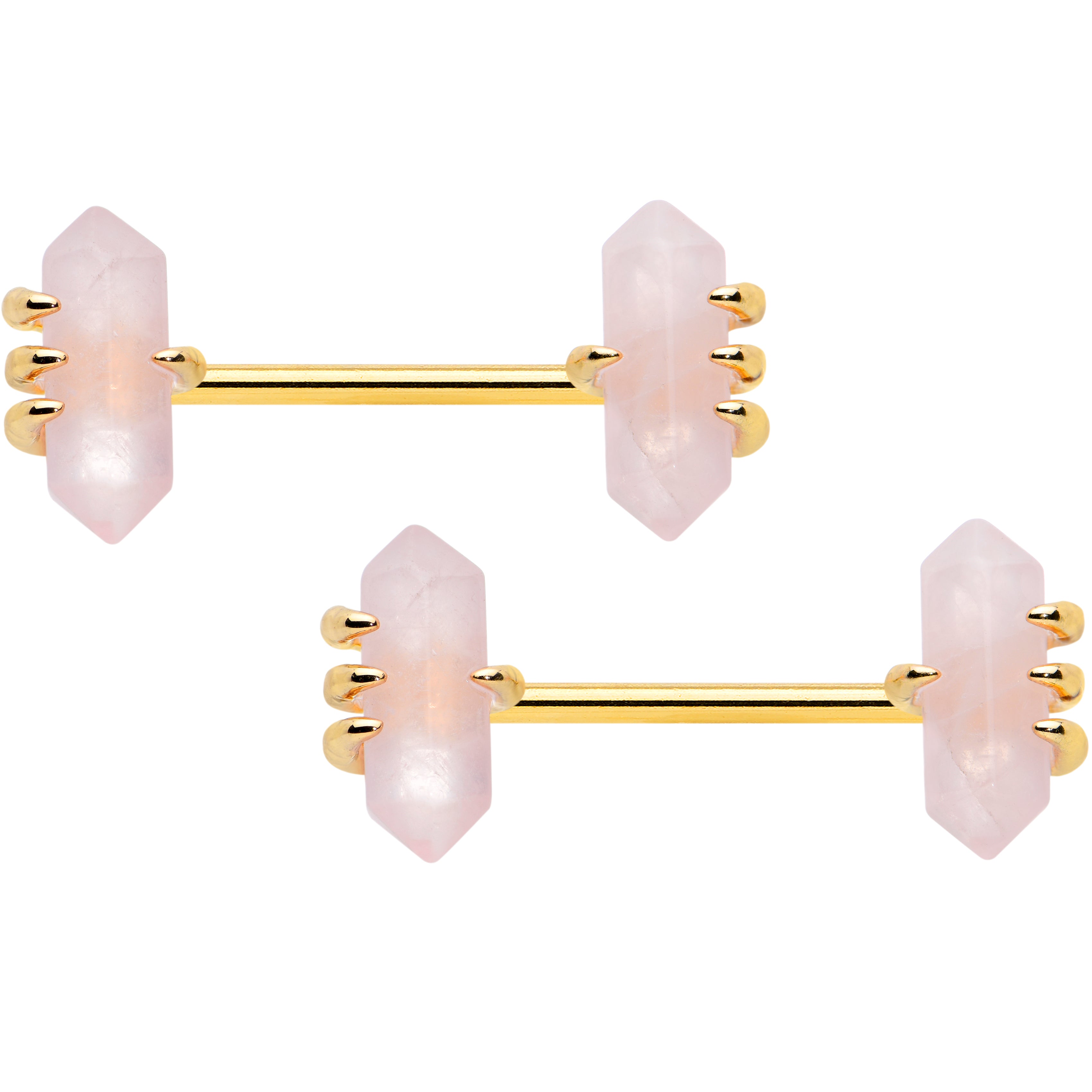 Image of 14 Gauge 9/16 Pink Rose Quartz Gold Tone Claw Barbell Nipple Ring Set