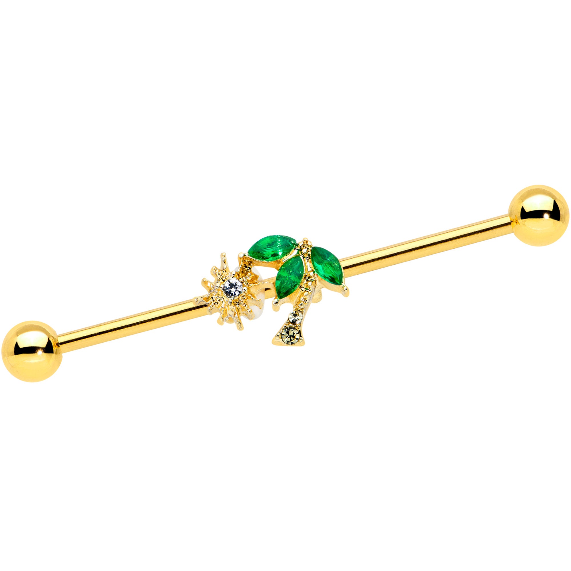 Image of 14 Gauge Green Gem Gold Tone Sun Palm Tree Industrial Barbell 38mm