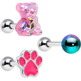 16 Gauge 1/4 Bear Pearlescent Pink Paw Cartilage Earring Set of 3