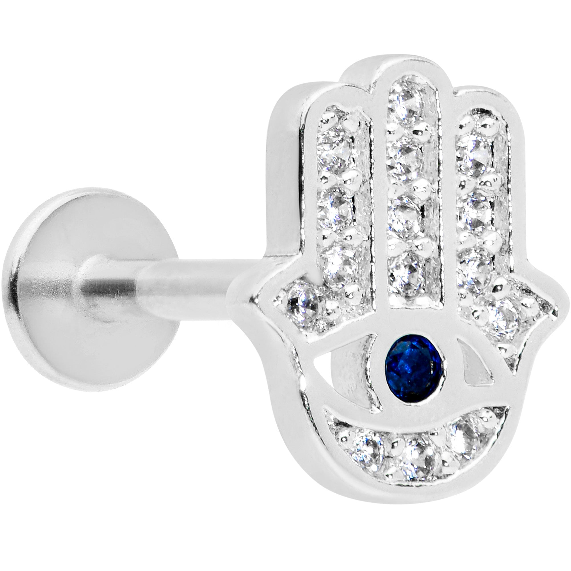 Image of 16 Gauge 5/16 Clear Blue Gem Eye Hamsa Hand Labret Monroe Tragus