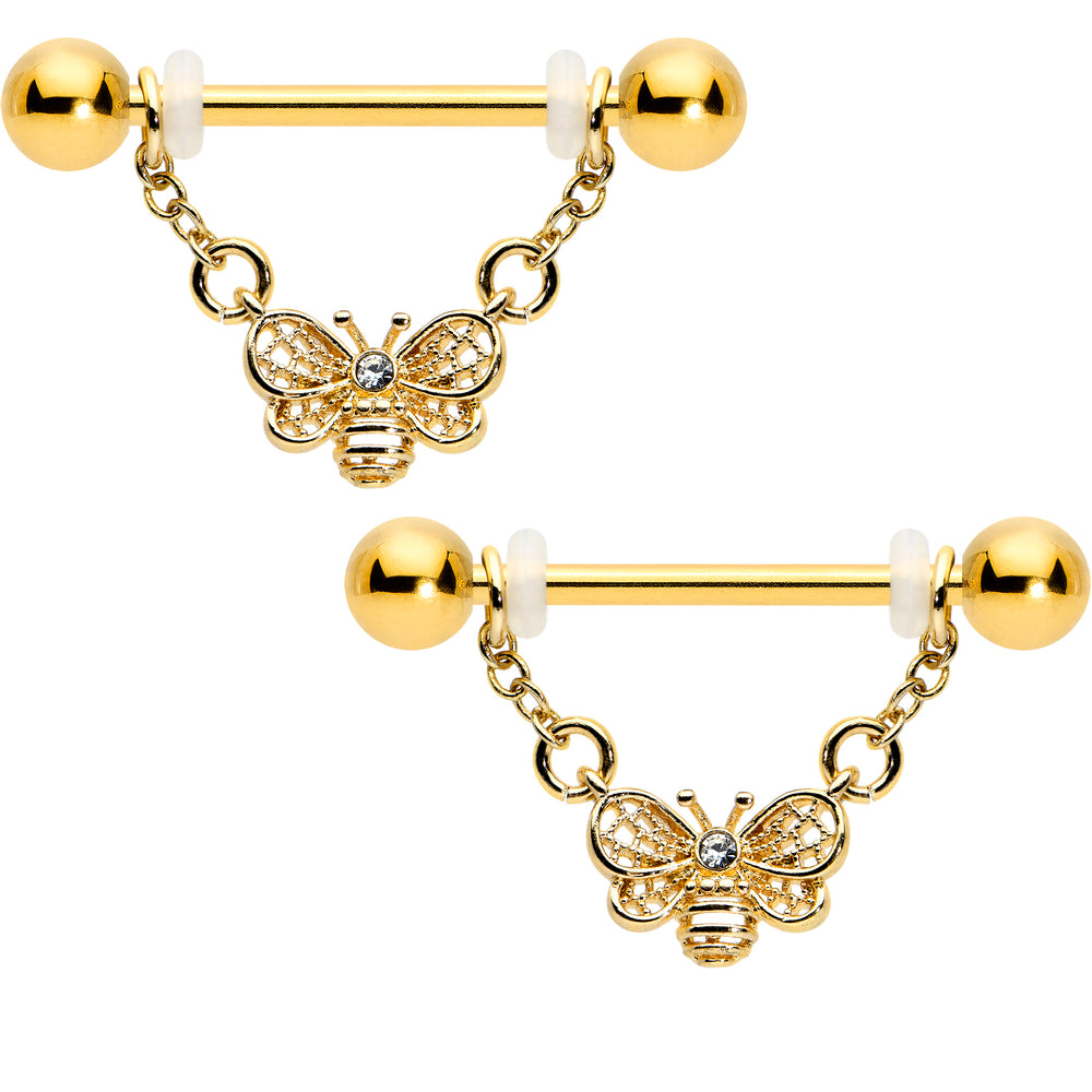14 Gauge 5/8 Clear Gem Gold Tone Sun Heart Star Nipple Chain Necklace