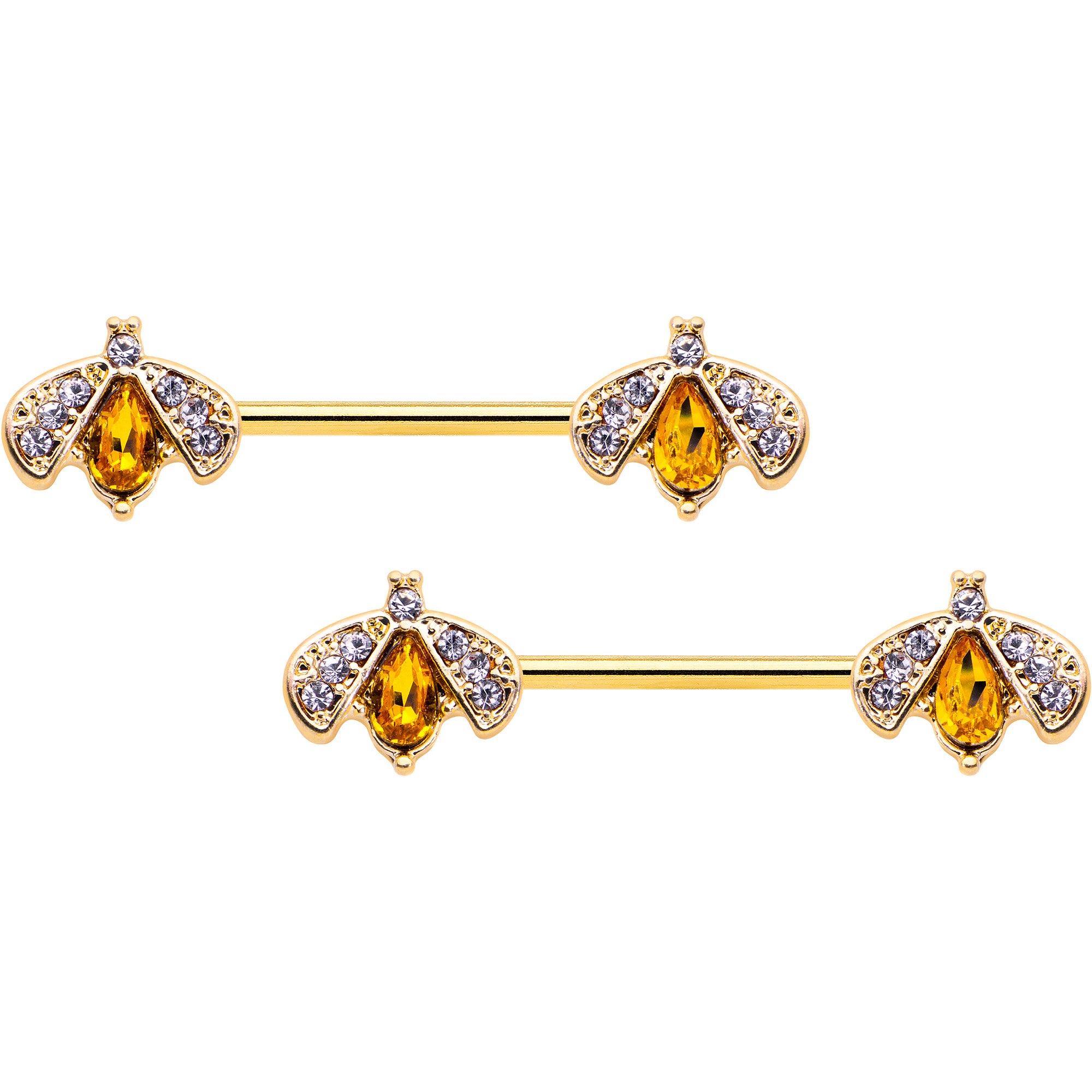 Image of 14 Gauge 9/16 Yellow Gem Gold Tone Fashion Bug Barbell Nipple Ring Set