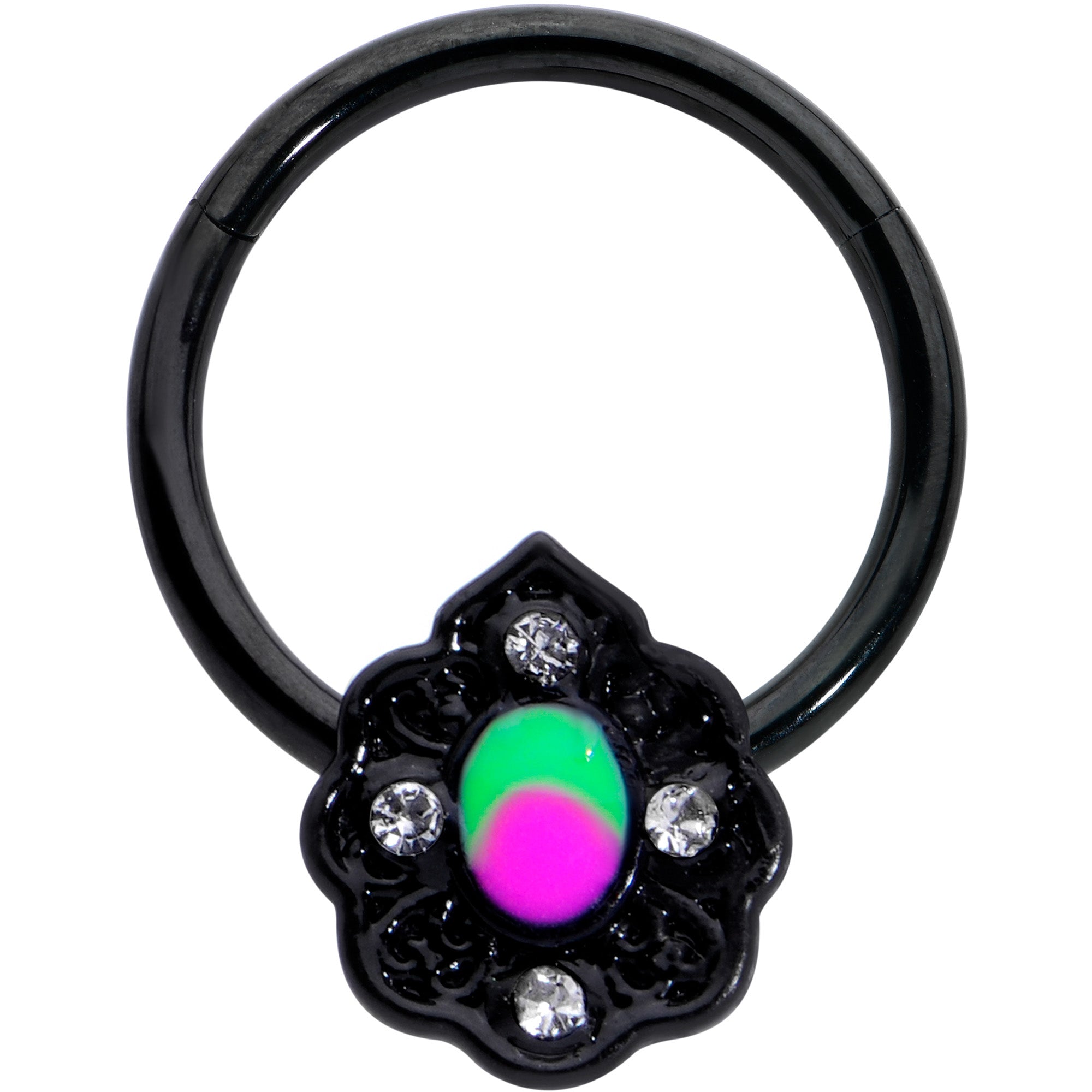 Image of 16 Gauge 3/8 Purple Tourmaline Black Lacy Drop Hinged Segment Ring