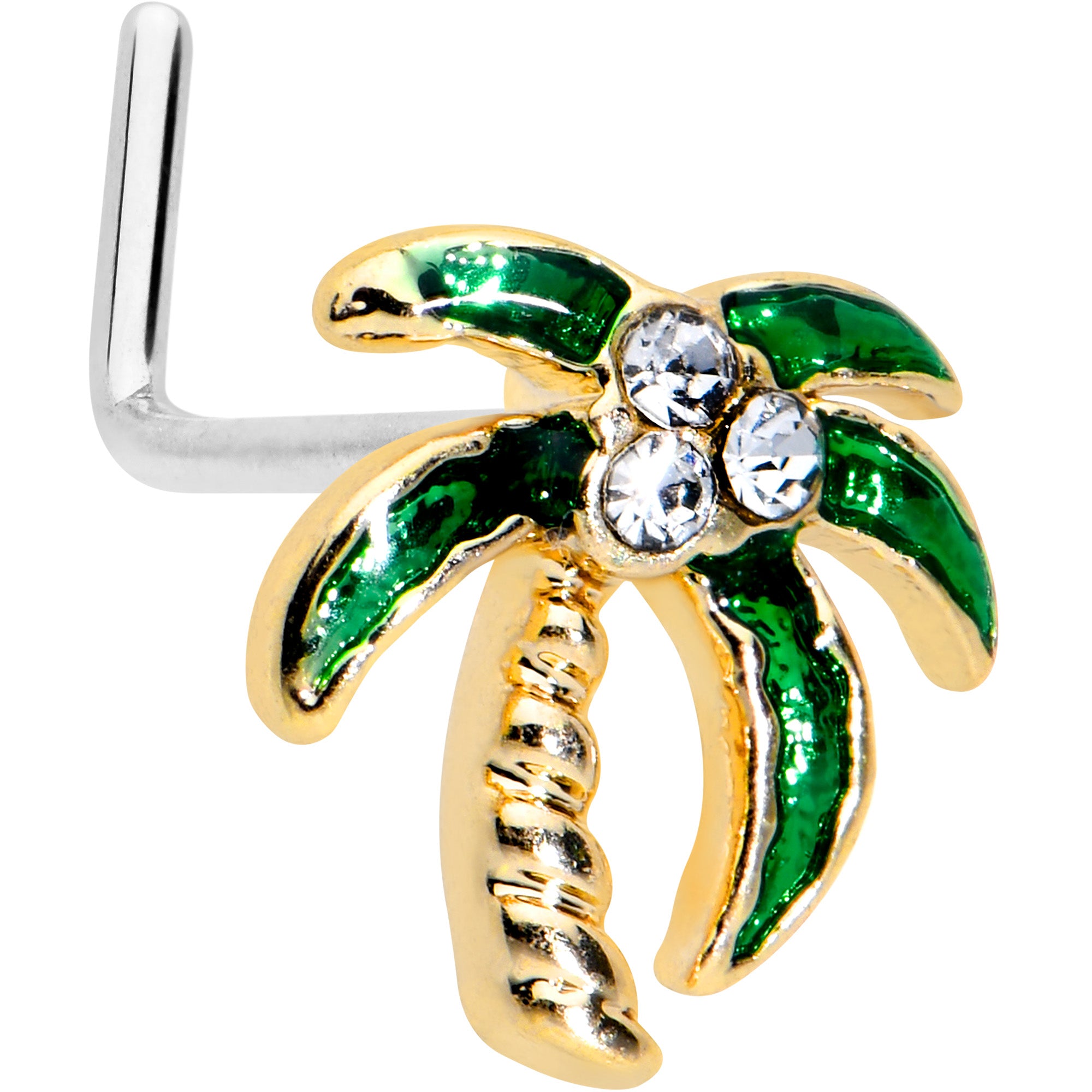 Image of 20 Gauge 1/4 Clear Gem Golden Palm Tree Style L Shape Nose Ring