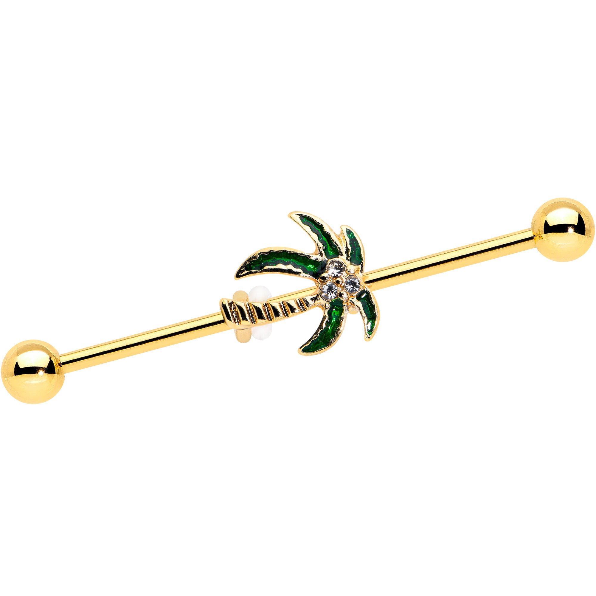 Image of 14 Gauge Clear Gem Gold Tone Palm Tree Style Industrial Barbell 38mm