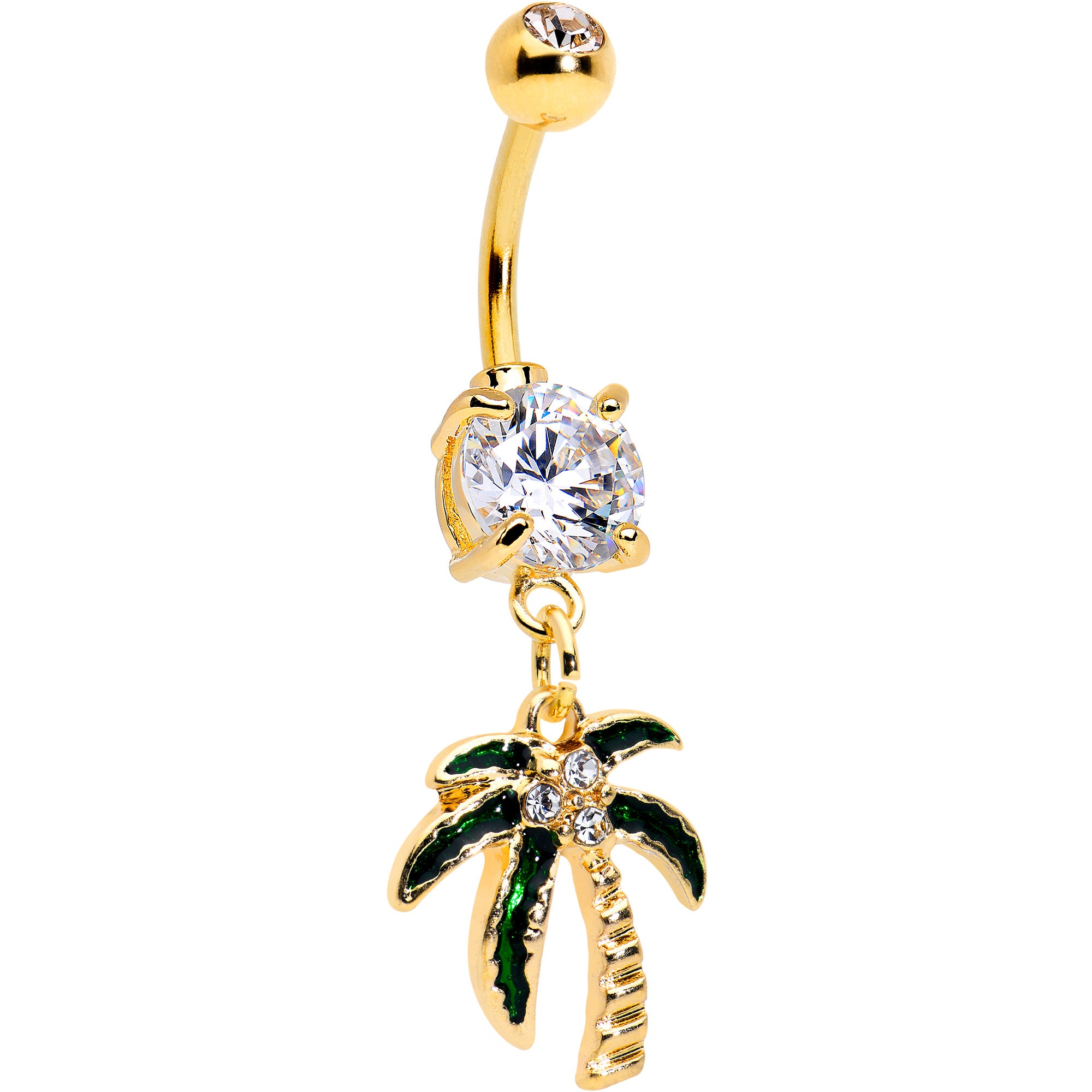 Image of Clear Gem Gold Tone Palm Tree Style Dangle Belly Ring