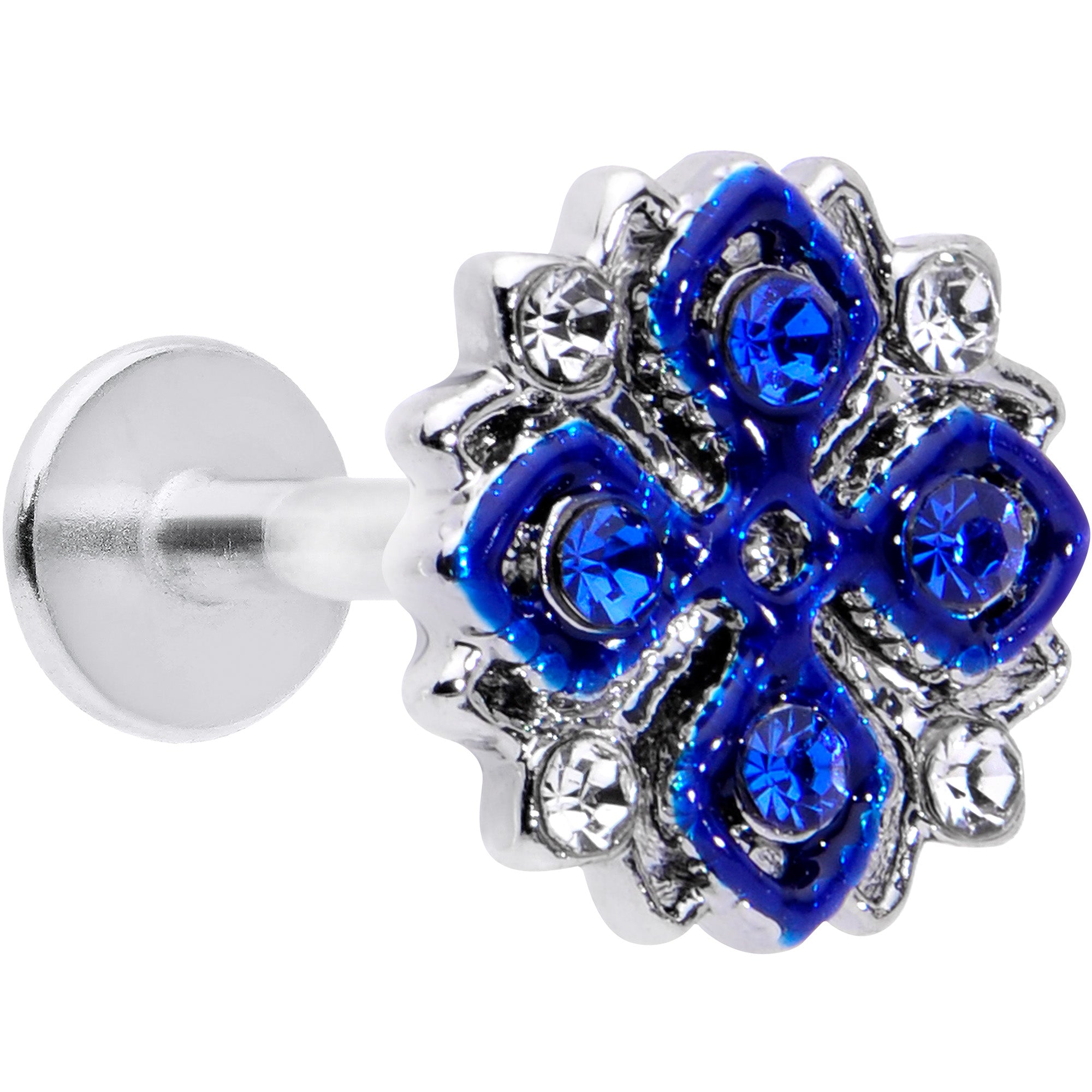 Image of 16 Gauge 5/16 Blue Clear Gem Embellished Cross Labret Monroe Tragus