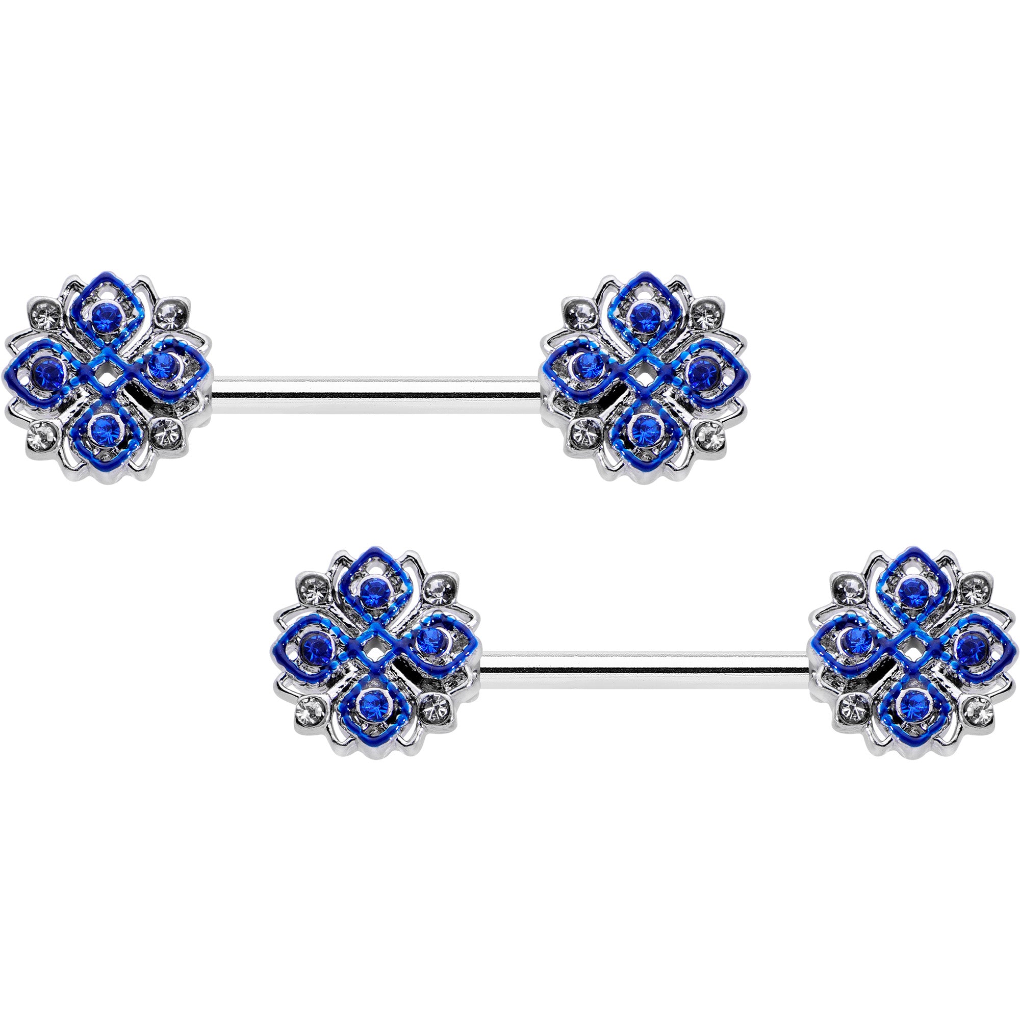 Image of 14 Gauge 9/16 Clear Blue Gem Embellished Cross Barbell Nipple Ring Set