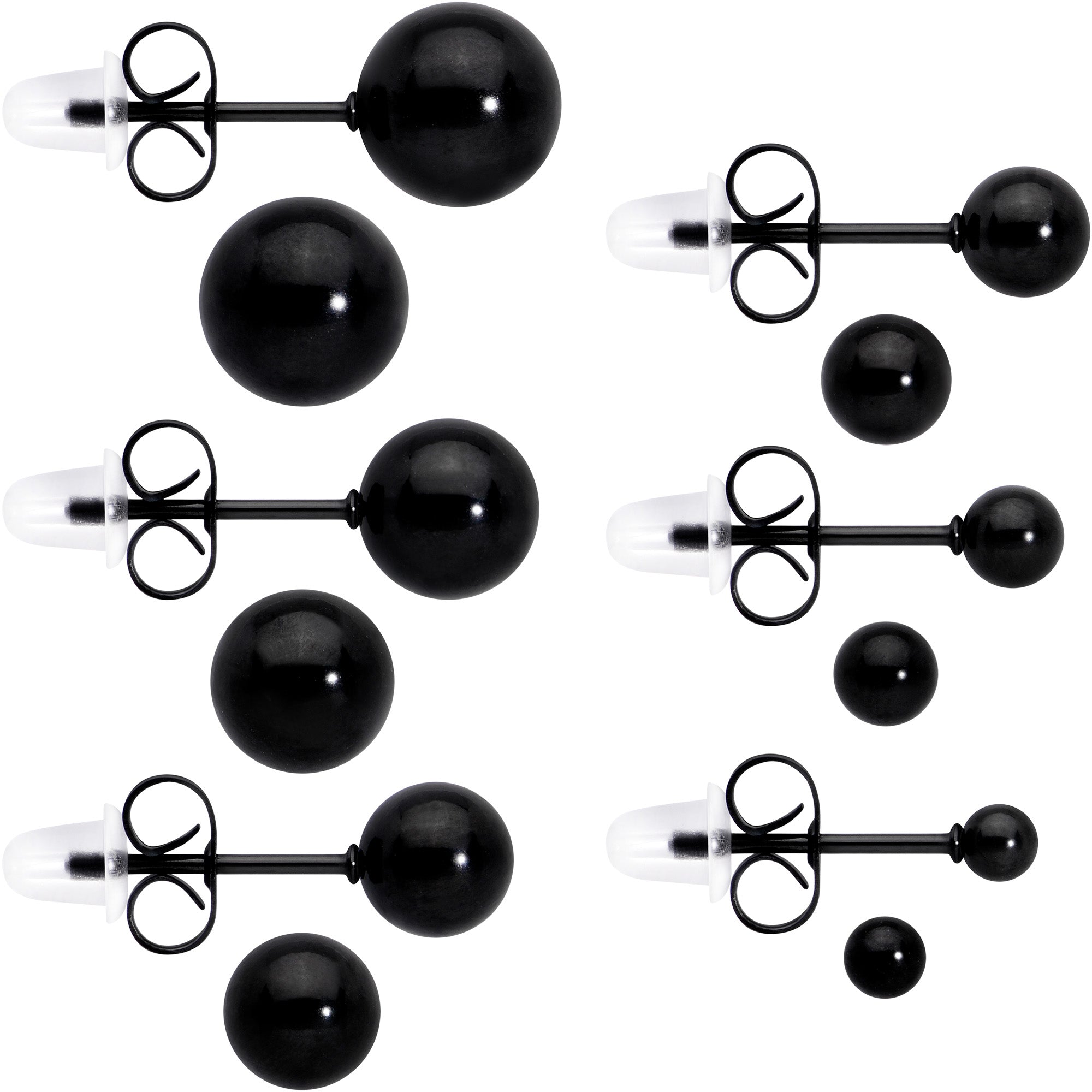 Image of 3mm-8mm Ball Stud Black 316L Stainless Steel Earrings 6 Pack