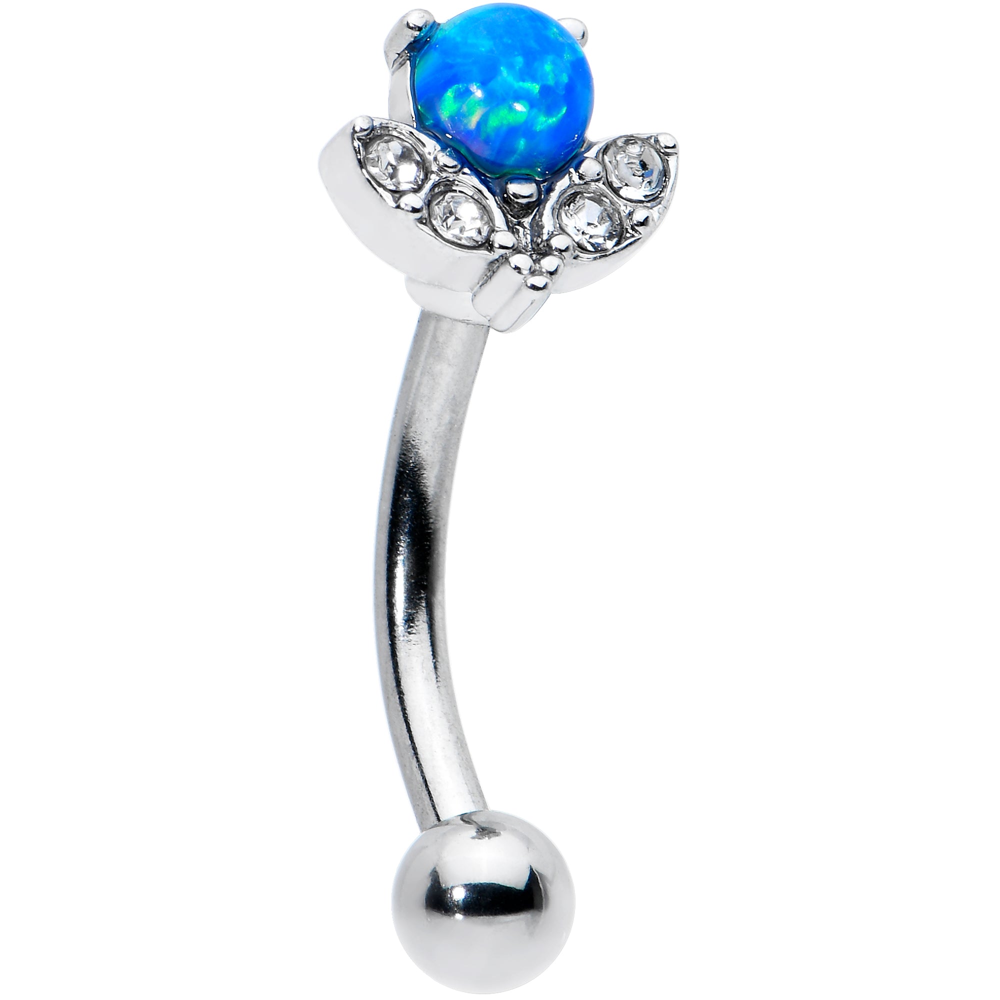 Image of 16 Gauge 5/16 Clear Gem Blue Faux Opal Style Flower Curved Eyebrow Ring