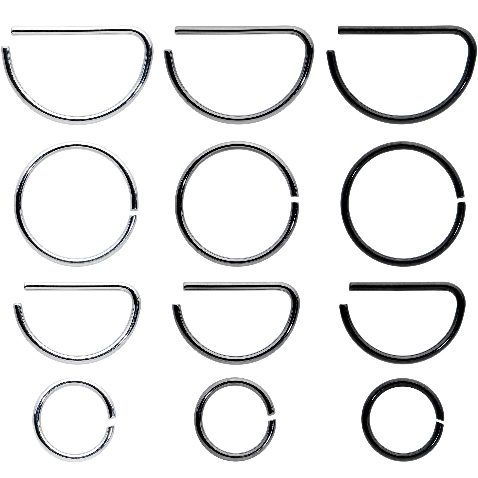 Image of 20 Gauge 12 Pack ASTM F-136 Titanium Nose Hoop D Shaped Septum Ring and Cartilage Ear Hoop Earring Set