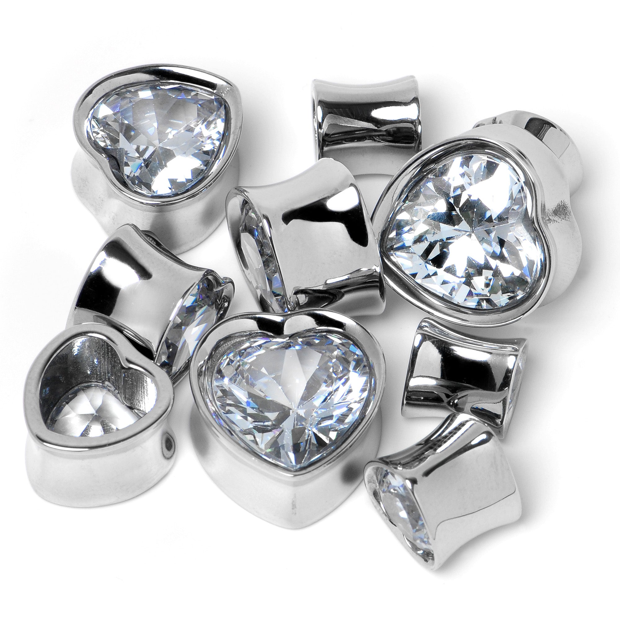 Image of Stainless Steel CZ Gem Heart In Heart Double Flare Plug Set 8mm to 16mm