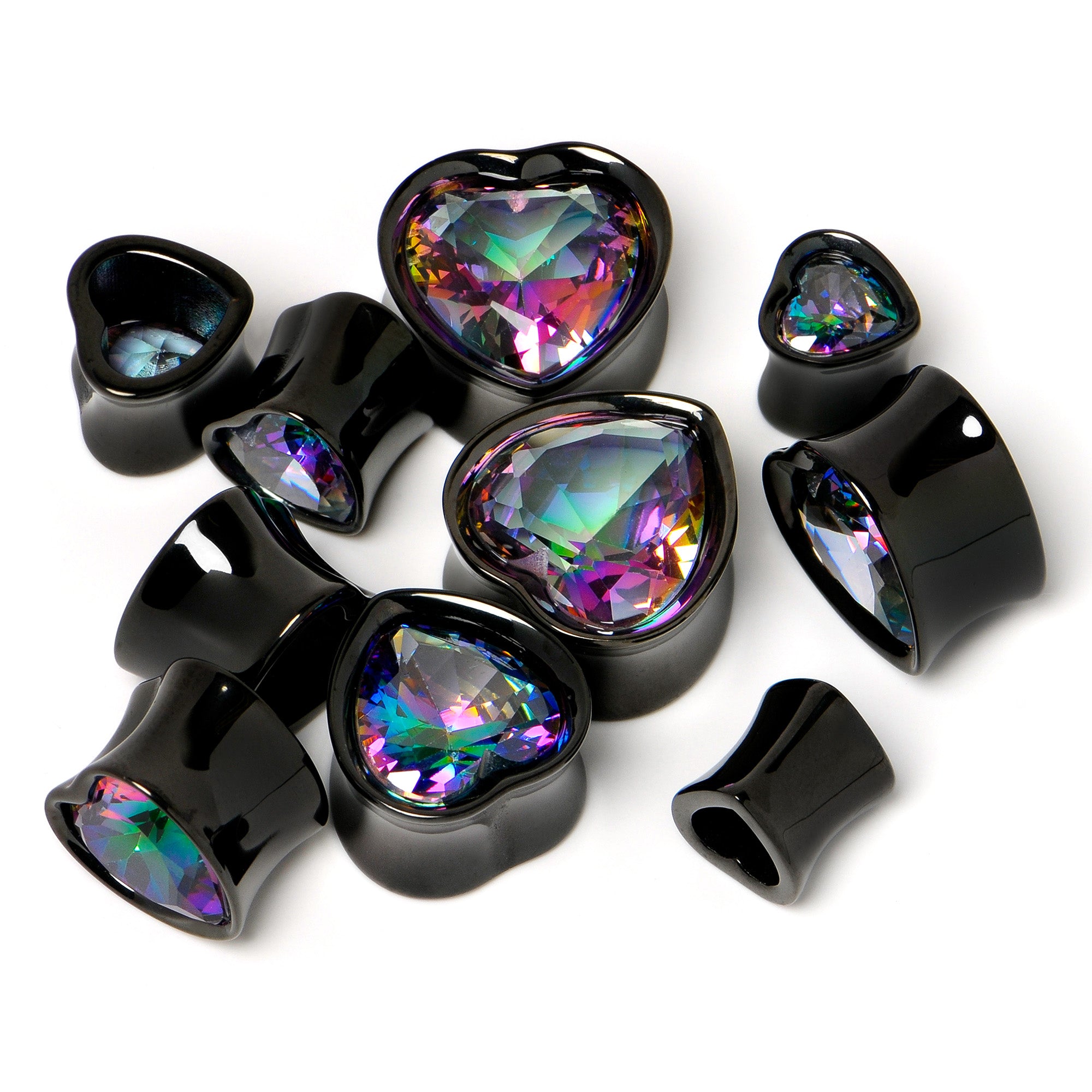 Image of Medium Vitrail CZ Black Heart In Heart Double Flare Plug Set 8mm to 16mm