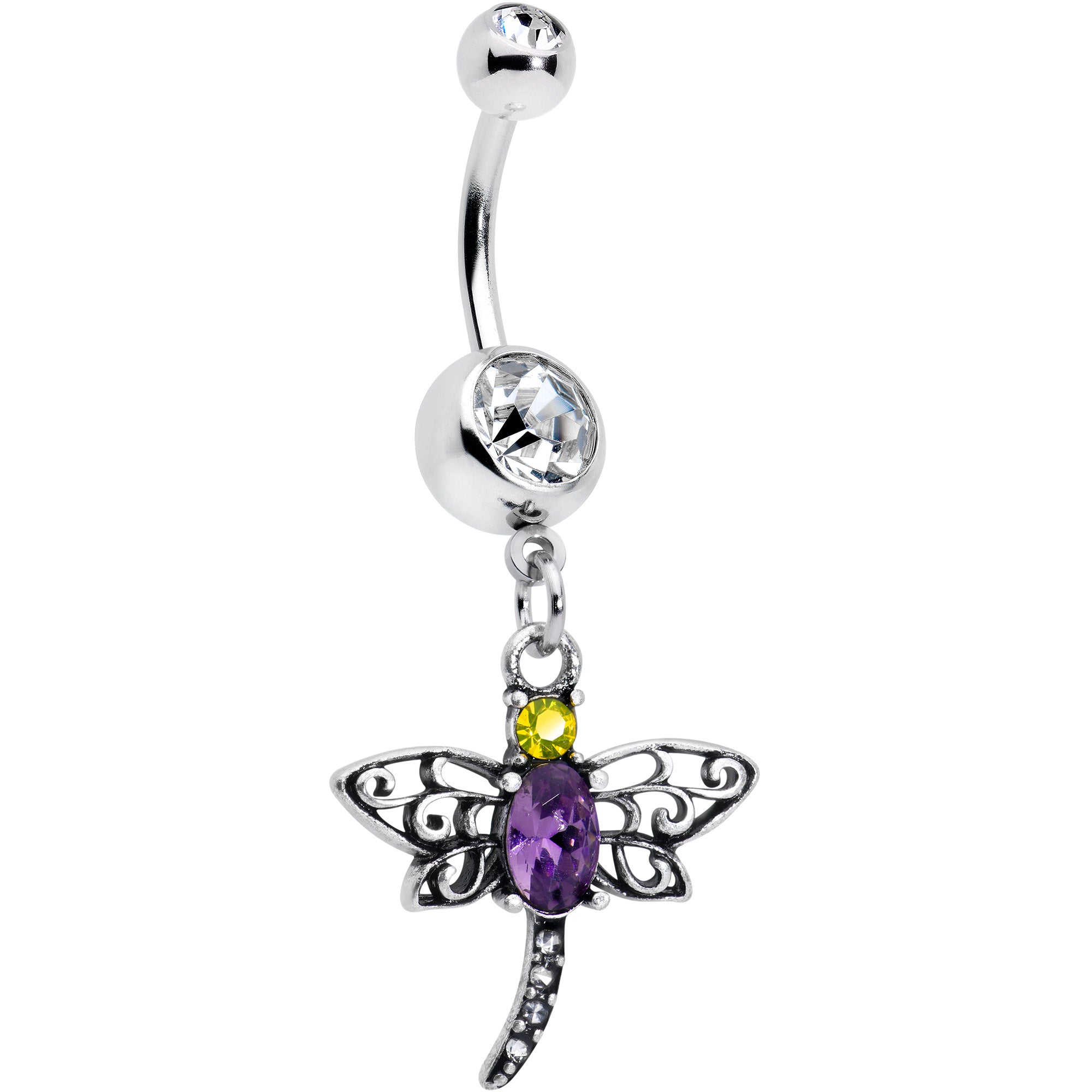 Image of Clear Yellow Purple Gem Dragonfly Dangle Belly Ring
